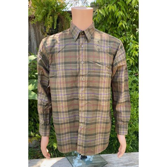 VTG Saks Fifth Avenue Flannel Mens Medium Made In USA Long Sleeve Brown/Green - Picture 1 of 8